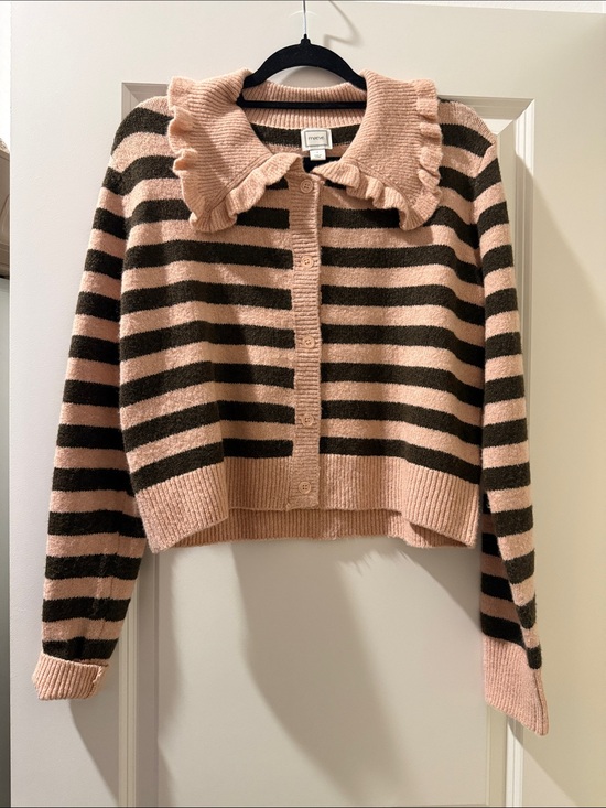 Maeve Sweaters - Maeve  Pink & Brown Striped Ruffle-Collar Cardigan Sweater